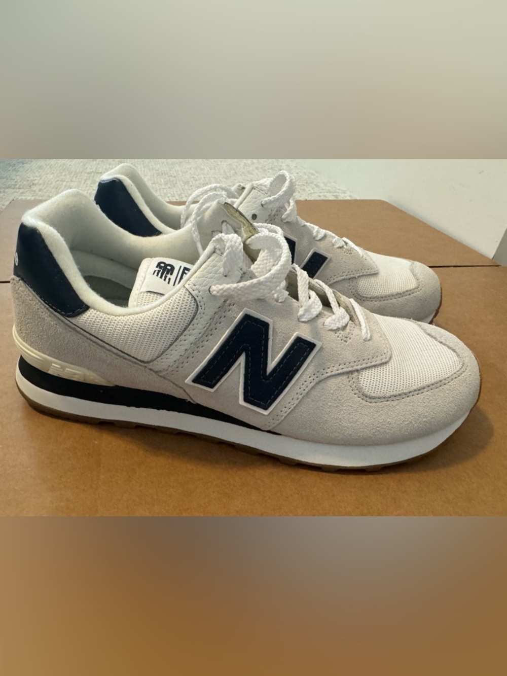Men’s New Balance 574 White and Navy Classic Athletic Sneakers